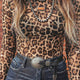 Camel Luipaardprint Print Slim Fit Mesh met Lange Mouwen Mock Neck Top