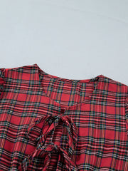 Red Plaid Tie Front Long Sleeve Short Shift Dress - Miniatuur