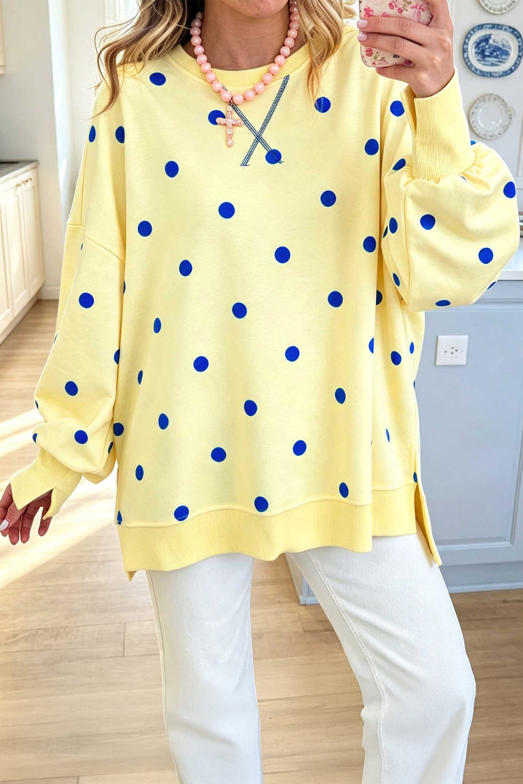 Gelber Polka-Dot-Pullover mit langärmligem Split-Hem-Pullover - Damesmode