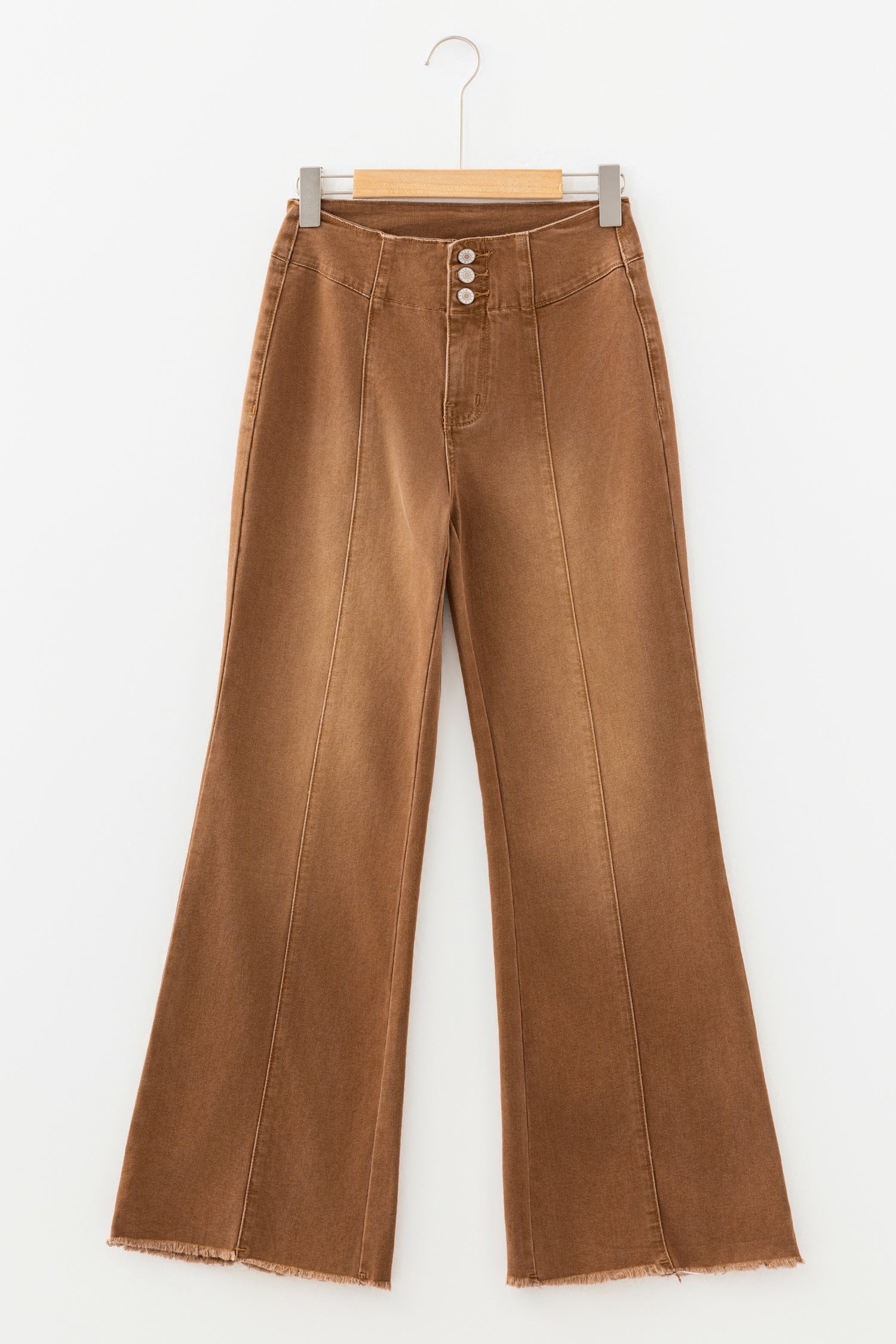 Kaffee-High-Waist-Button-Jeans mit Griff und Naht mit Rohsaum-Flare-Decke