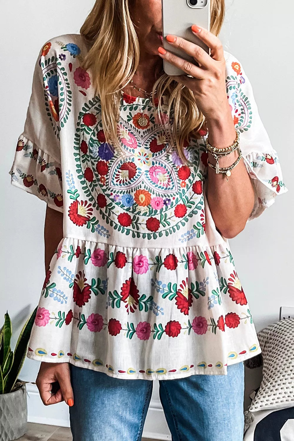 Floral Print Round Neck Ruffle Trim Blouse - Luxe Damesmode & Kleding Collectie | Redblad Nederland