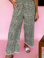 Brown Leopard Print Raw Hem Elastic Waist Loose Pull On Jeans - Damesmode Afbeelding 3 - Miniatuur