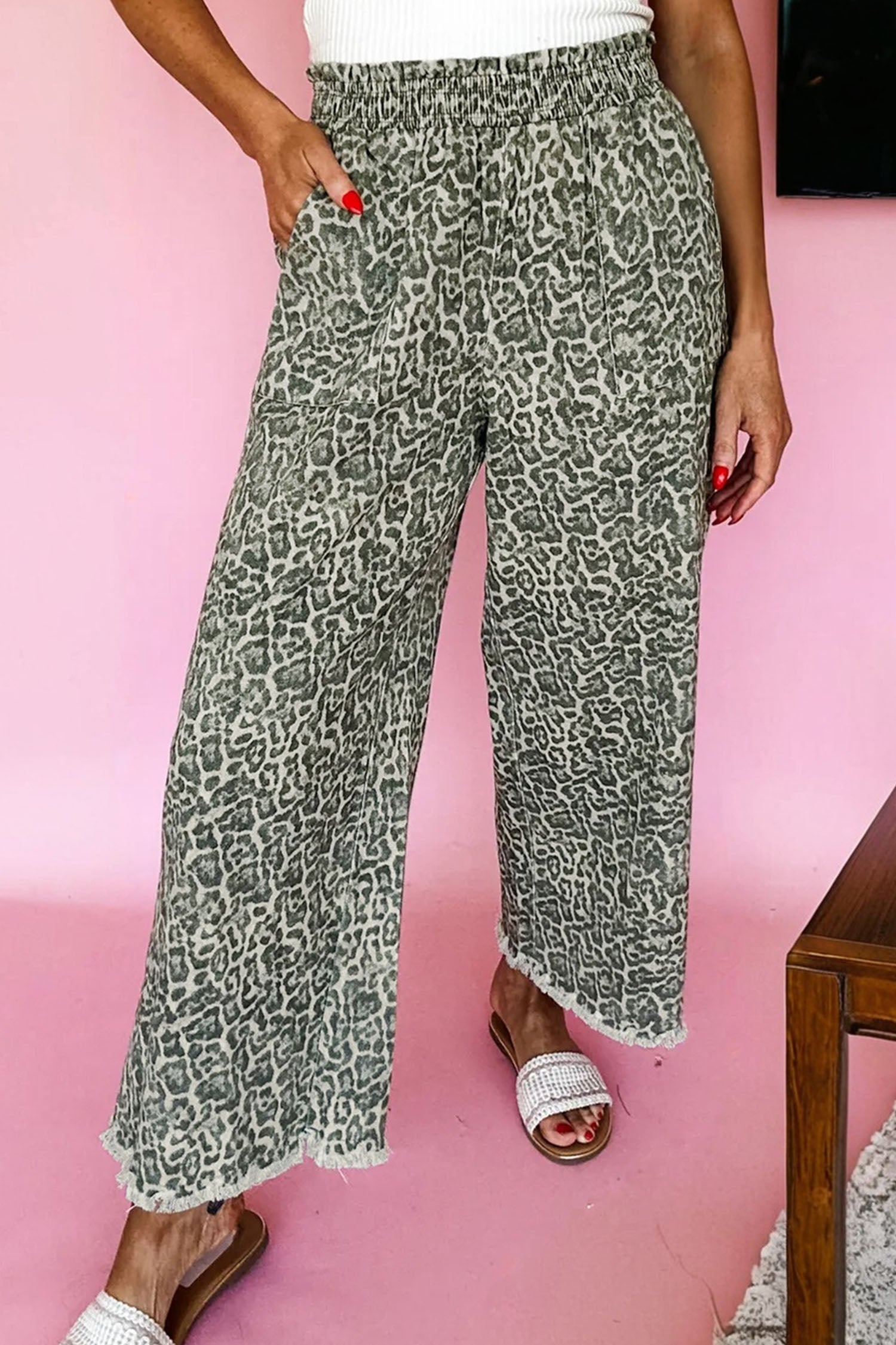Brown Leopard Print Raw Hem Elastic Waist Loose Pull On Jeans - Damesmode Afbeelding 3