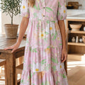 Rosa Blummenprint kuerz Puff-Ärmel héich Taille gestufte Maxi-Kleed - Foto 4