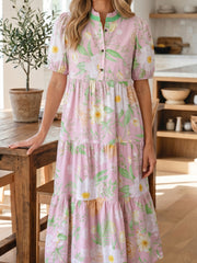 Pink Floral Print Short Puff Sleeve High Waist Tiered Maxi Dress - Miniatuur