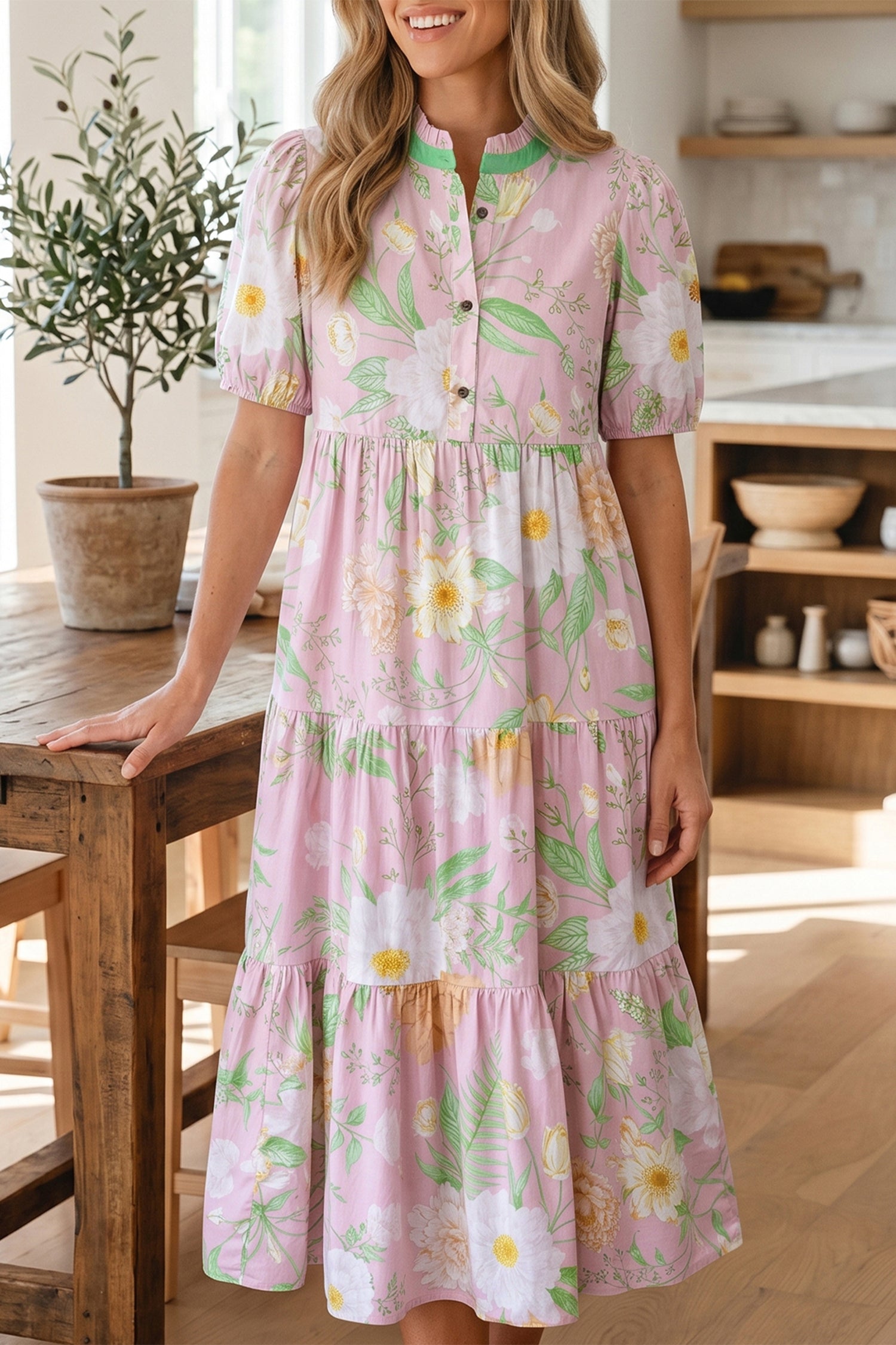 Pink Floral Print Short Puff Sleeve High Waist Tiered Maxi Dress
