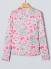 Pink Abstract Print Stand Neck Slim Fit Long Sleeve Top - Miniatuur