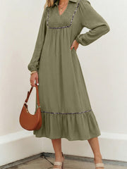 Robe longue à manches à manches contrastantes avec col en V et col en V - Damesmode Afbeelding 5 - Miniatuur
