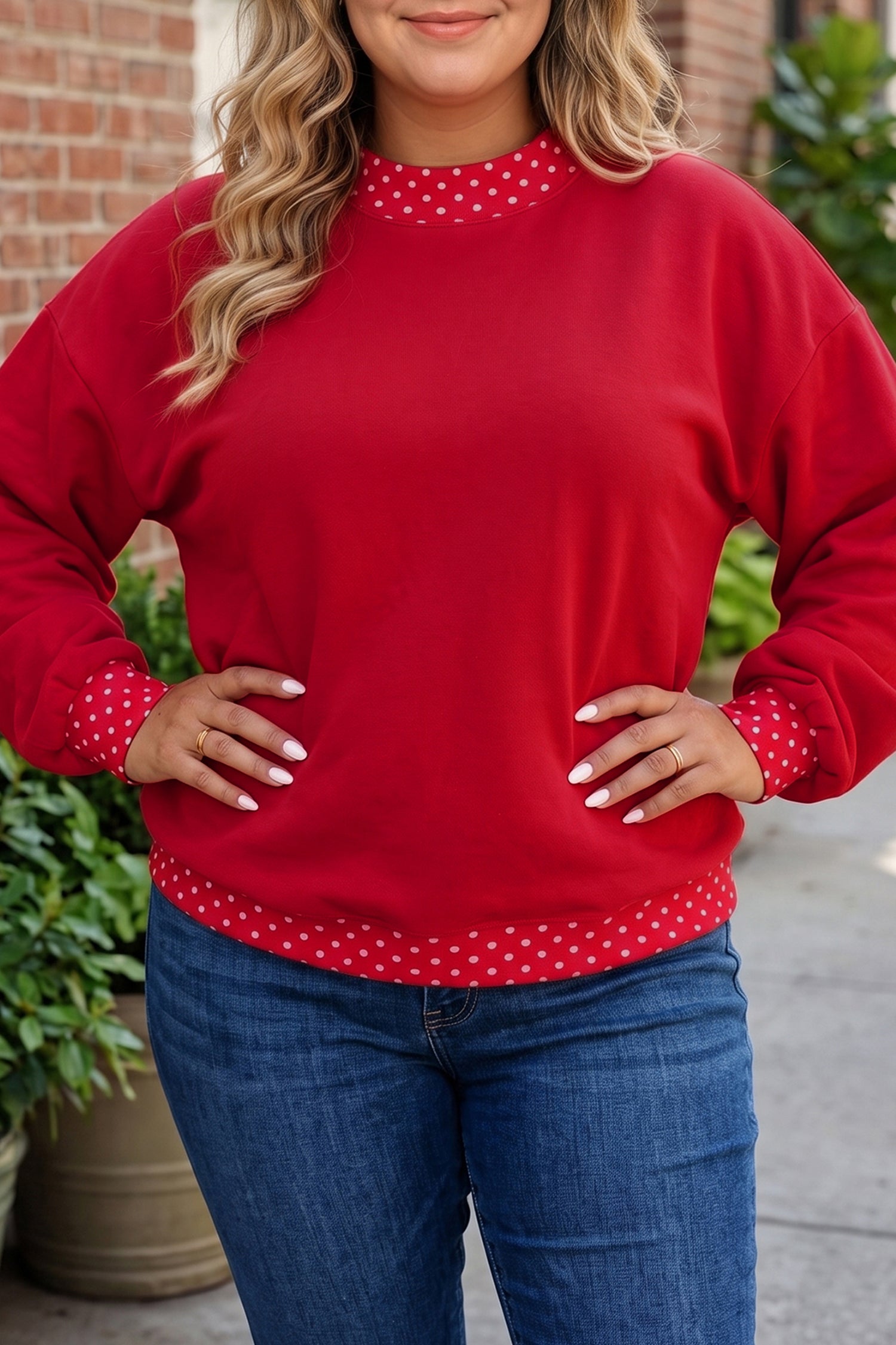 Sweat-shirt grande taille à pois bleu sale à pois patchwork à col rond