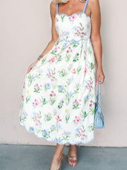 Pink Floral Print Contrast Trim Self-tie Straps High Waist Midi Dress - Miniatuur