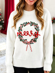 White Christmas Wreath Pattern Round Neck Casual Sweater - Miniatuur