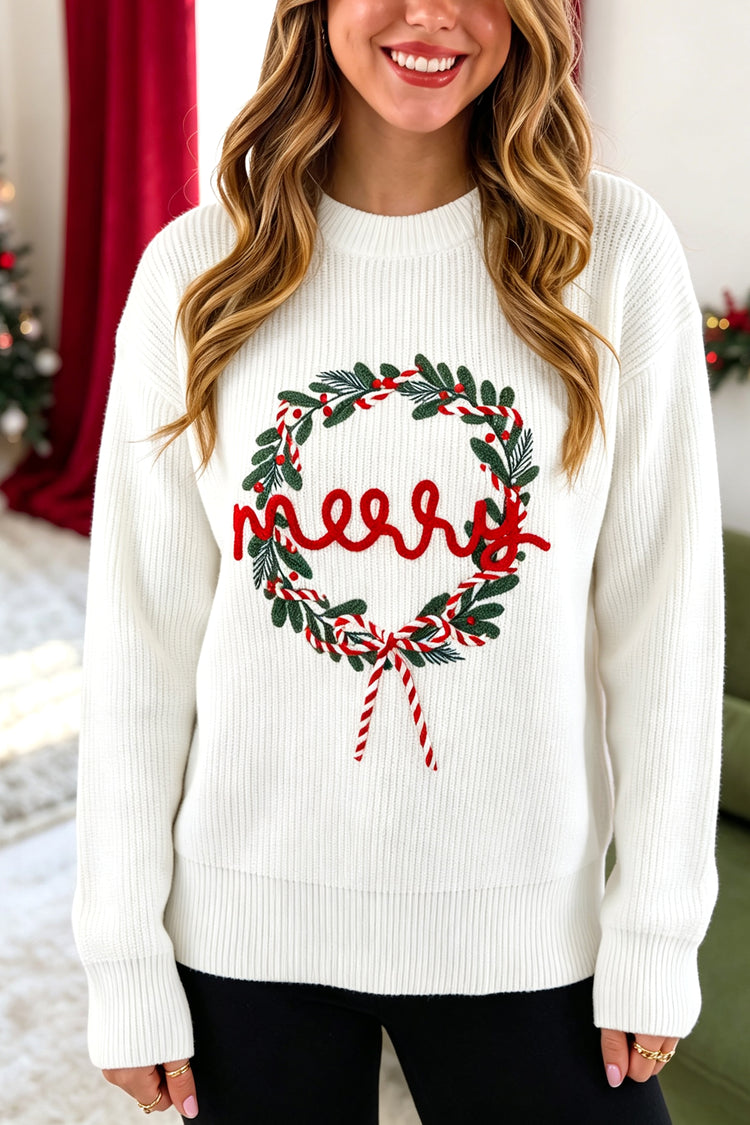 White Christmas Wreath Pattern Round Neck Casual Sweater - Damesmode