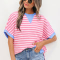 Pink Stripe Contrast Trim Loose Short Sleeve Top - Foto 3