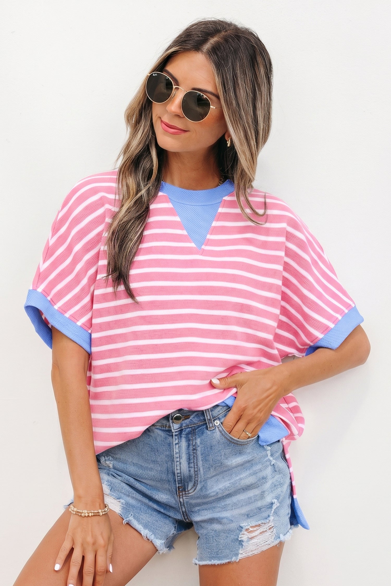 Rosa Stripe Contrast Trim lockeres kurzärmeliges Oberteil