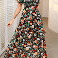Sky Blue Fiery Floral Print Frilled V Neck Short Sleeve Maxi Dress - Foto 4