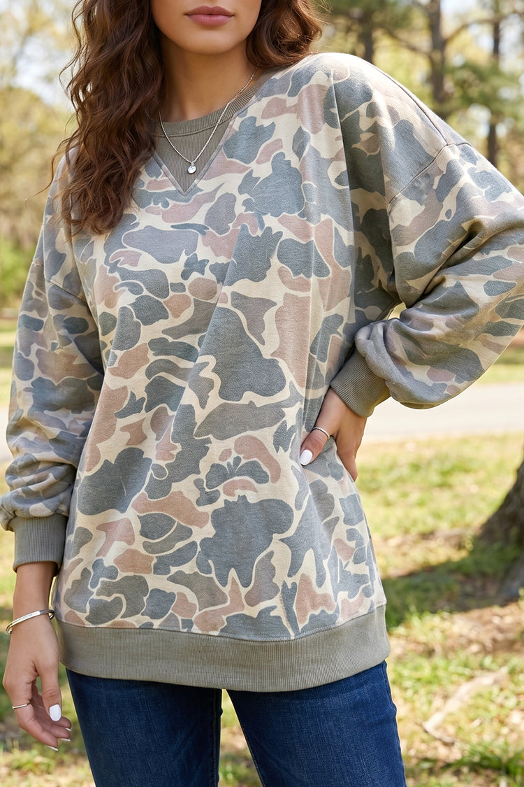 Mehrfarbiger Tarnmuster mit geripptem Trim legerer Pullover-Pullover - Damesmode