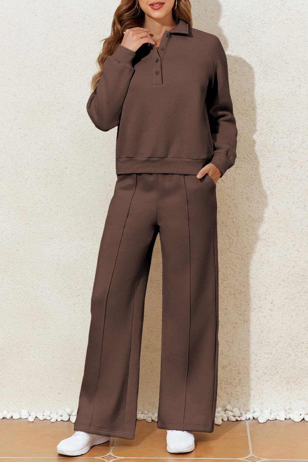 Ensemble actif à sweat marron foncé à col uni et pantalon taille haute