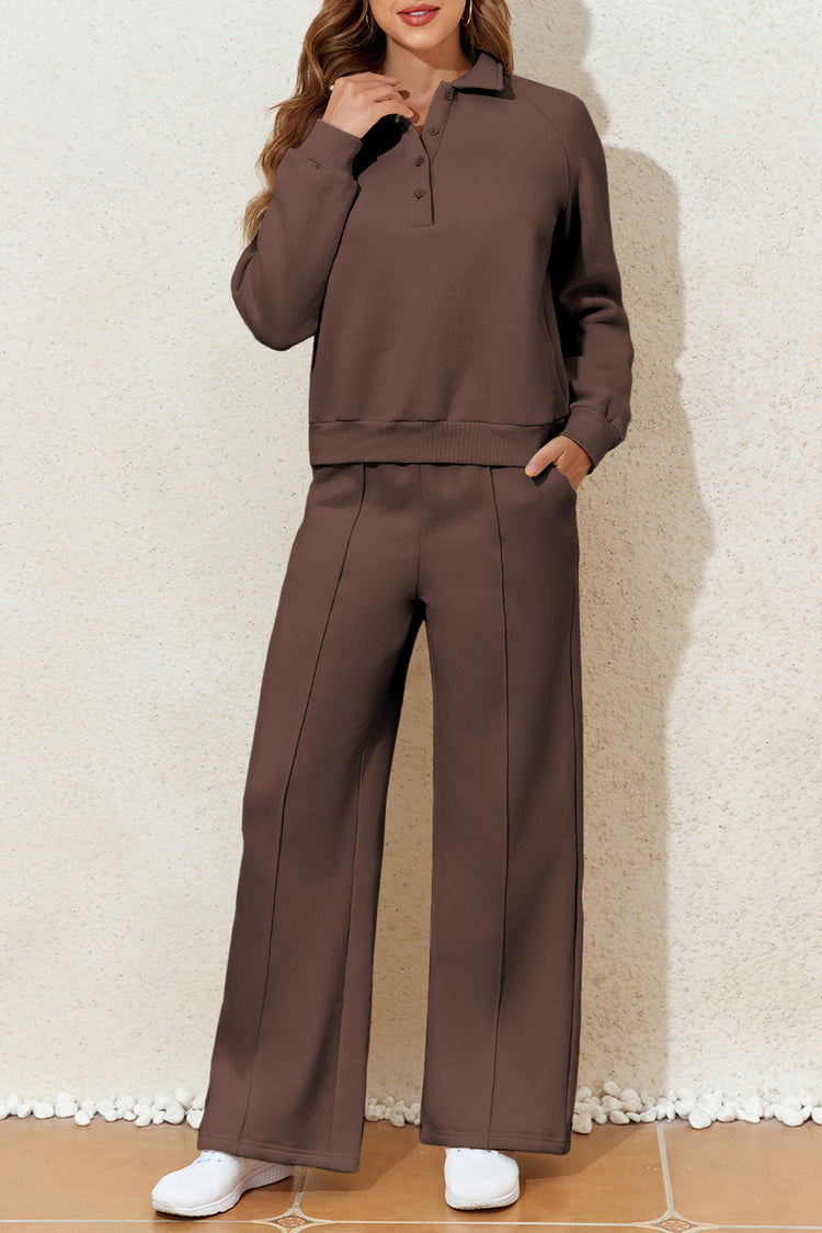 Dark Brown Solid Collared Sweatshirt and High Waist Pants Active Set - Damesmode