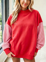 Russet Orange Plaid Sleeve Colorblock Loose Tunic Sweatshirt - Miniatuur