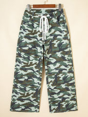 Green Camouflage Print Wide Leg Drawstring Denim Pants - Miniatuur