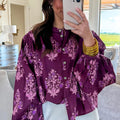 Purple Floral Print Button Front Long Puff Sleeve Shirt - Foto 4