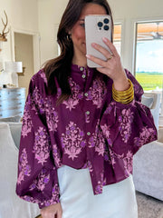 Purple Floral Print Button Front Long Puff Sleeve Shirt - Miniatuur