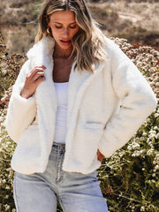 Beige Faux Fur Button Pocketed Lapel Collar Jacket - Damesmode Afbeelding 5 - Miniatuur