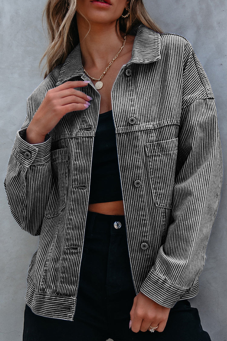 Blue Stripe Washed Oversize Pocketed Denim Jacket - Damesmode Afbeelding 1 - Damesmode