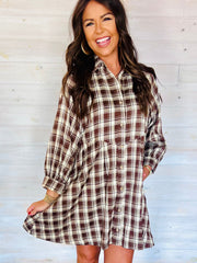Brown Plaid Long Sleeve Short Shift Mini Dress - Damesmode Afbeelding 7 - Miniatuur