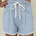 Black Stripe Raw Edge Drawstring Elastic Waist Casual Denim Shorts - Damesmode Afbeelding 4 - Foto 4