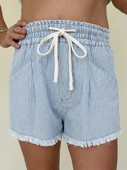 Black Stripe Raw Edge Drawstring Elastic Waist Casual Denim Shorts - Women's Fashion Image 4 - Miniatuur