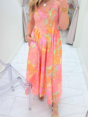 Pink Spaghetti Straps Floral Shirred High Waist Dress - Miniatuur