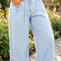 Beau Blue Studded Side Slit Leg Frayed Pocketed Wide Leg Jeans - Damesmode Afbeelding 3 - Foto 3