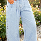 Beau Blue Studded Side Slit Leg Frayed Pocketed Wide Leg Jeans - Damesmode Afbeelding 3 - Thumbnail