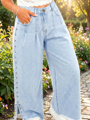 Jeans Beau bleus à clouses, jambe à fentes effilochées, poches larges - Damesmode Afbeelding 3 - Miniatuur