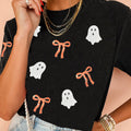 Black Sequin Bow Ghost Patched Halloween Graphic Tee - Damesmode Afbeelding 3 - Foto 3