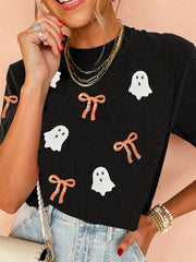 Black Sequin Bow Ghost Patched Halloween Graphic Tee - Damesmode Afbeelding 3 - Miniatuur