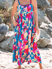 Dark Blue Floral High Waist Sleeveless Flared Long Dress - Miniatuur