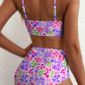 Purple Floral Print Lace Trim Spaghetti Strap Ruched Bikini High Waist Swimsuit - Foto 2