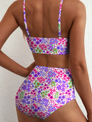 Fato de banho de biquíni de cintura alta com alças finas com estampado floral roxo e renda - Miniatuur