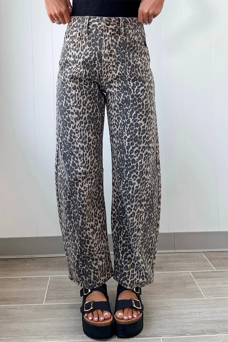 Black Leopard Print High Waist Barrel Jeans - Damesmode Afbeelding 1 - Damesmode