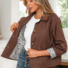 Dunkelbraune Leopard-Liner-Patchwork-Jacke mit Kragenkragen - Thumbnail