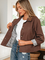 Giacca Patchwork Chic con colletto marrone scuro con colletto e bottoni in forma di leopardo - Miniatuur
