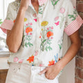 Beige Floral Striped Patchwork Ruffled Collar Short Sleeve Shirt - Damesmode Afbeelding 5 - Foto 5
