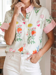 Camicia a maniche corte con colletto a righe floreali beige e volant - Damesmode Afbeelding 5 - Miniatuur