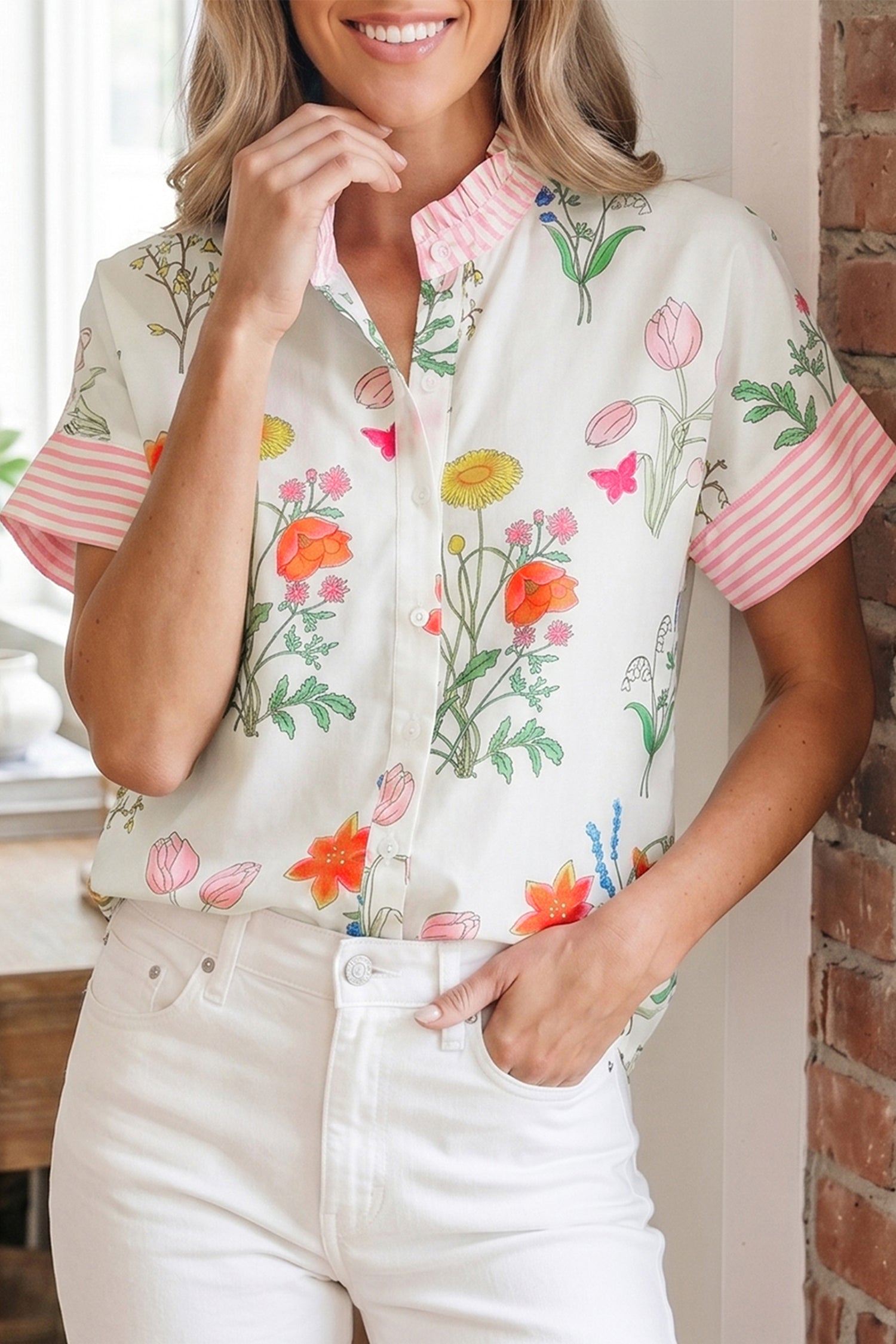 Beige Floral Striped Patchwork Ruffled Collar Short Sleeve Shirt - Damesmode Afbeelding 5