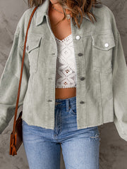 Sky Blue Raw Hem Flap Pockets Cropped Corduroy Jacket - Miniatuur