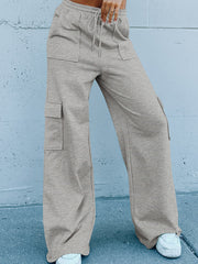 Light Grey Multi Pockets Lace-up High Waist Wide Leg Workout Pants - Miniatuur