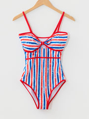 Red July 4th Stripes Impression Cutout Spaghetti Straps One Piece Swimsuit - Miniatuur