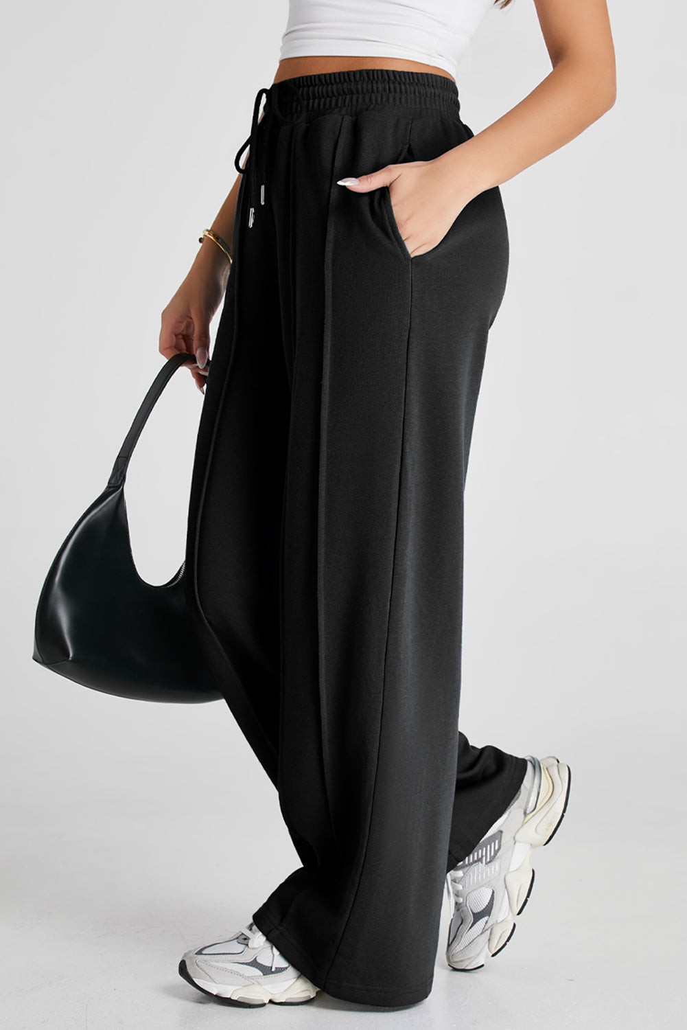 Pantaloni della tuta a vita alta a vita alta e gamba larga con cuciture grigie